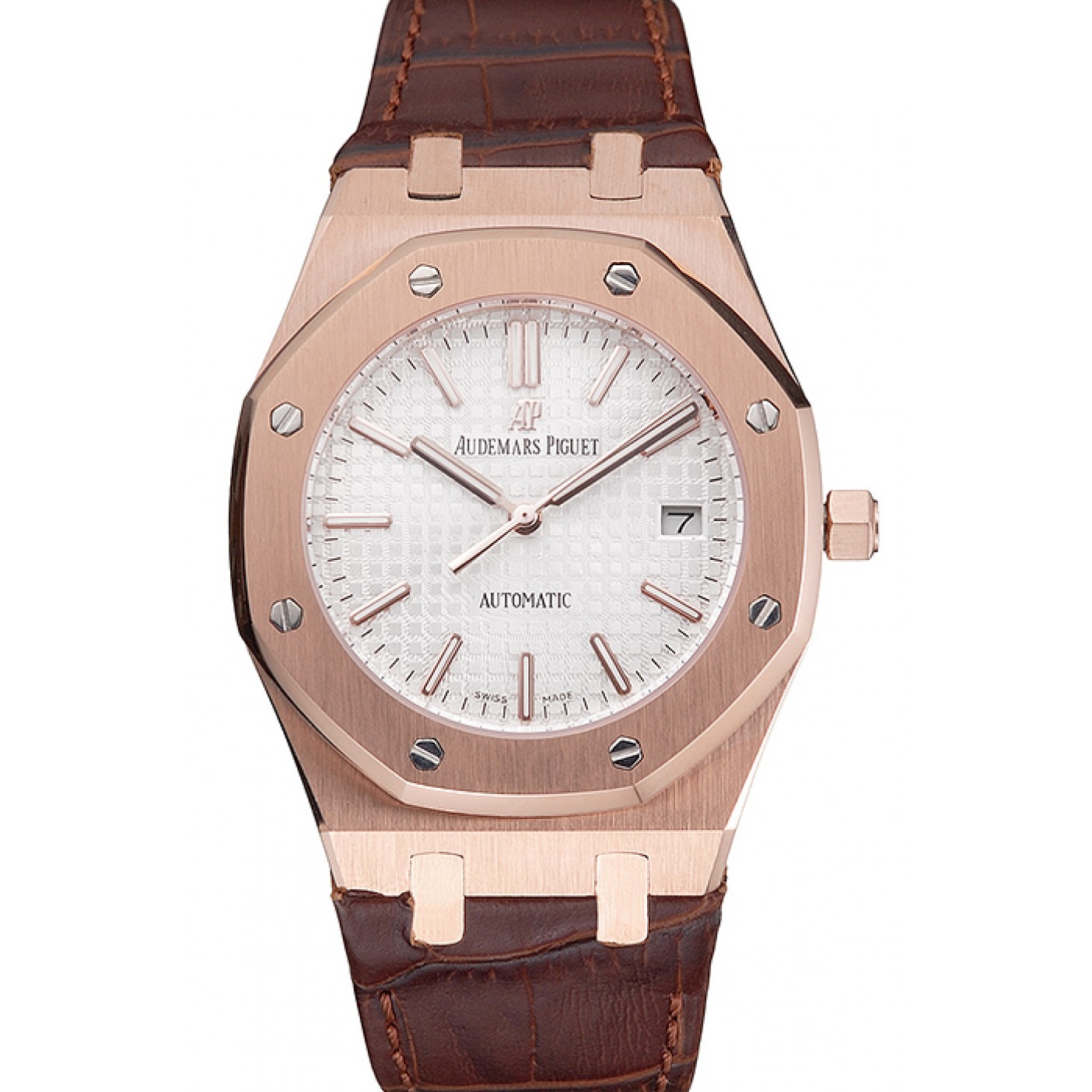 Swiss Audemars Piguet Royal Oak White Dial Gold Case Brown Leather Strap